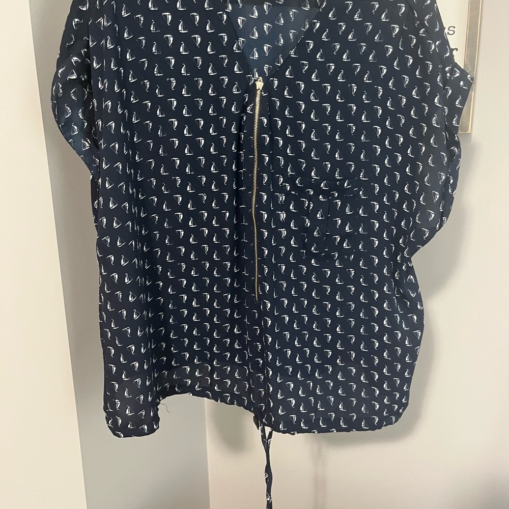 Navy Blouse with White Sailboat Pattern